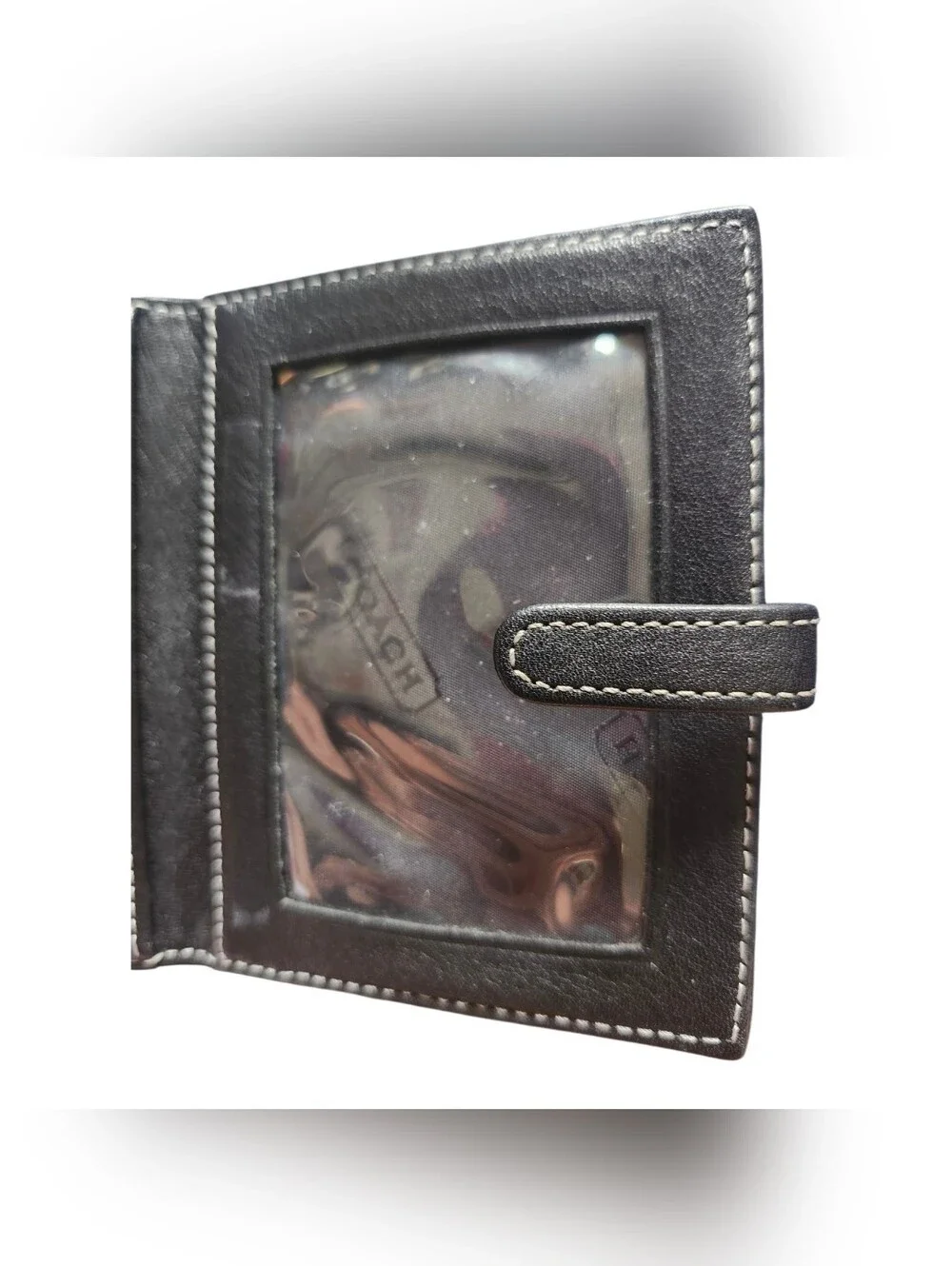 Coach Black Leather Tab Closure Wallet with White Stitching